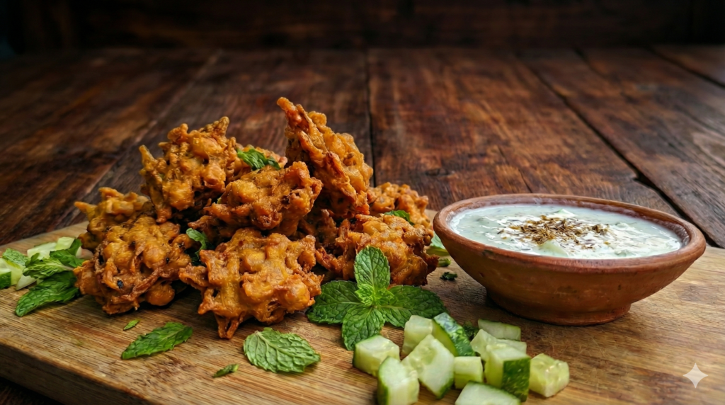 Chickpea pakoras served with vegan mayo raita