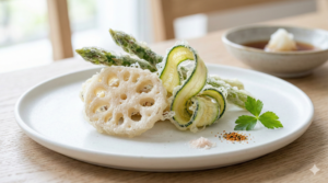 Fresh sliced lotus root and zucchini prepared for Lotus Root & Zucchini Tempura