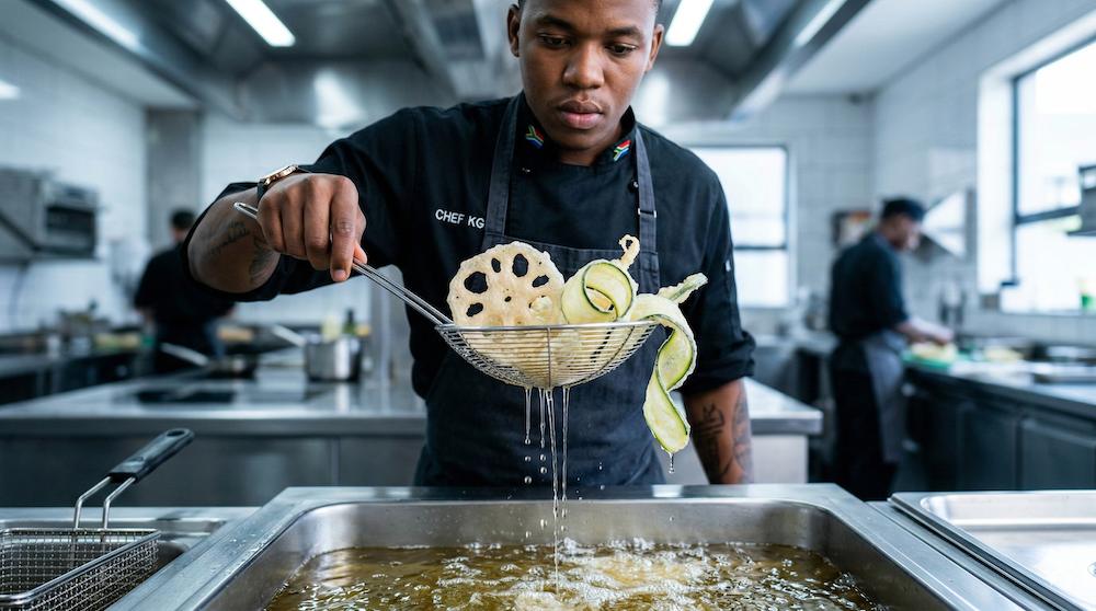 Lotus Root & Zucchini Tempura frying in hot oil at 185 degrees Celsius