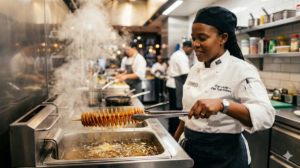 The Tornado Potato frying at high heat in commercial fryer
