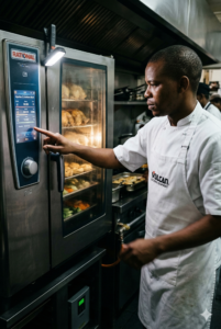 Chef operating a smart combi oven touchscreen in a commercial kitchen for the 2026 Kitchen Hardware Forecast
