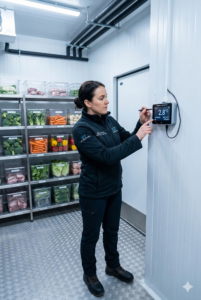 IoT temperature monitoring device inside commercial cold room for HACCP compliance in the 2026 Kitchen Hardware Forecast