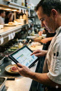 Chef reviewing kitchen analytics and food cost data on tablet in Smart Kitchens and Thicker Margins environment