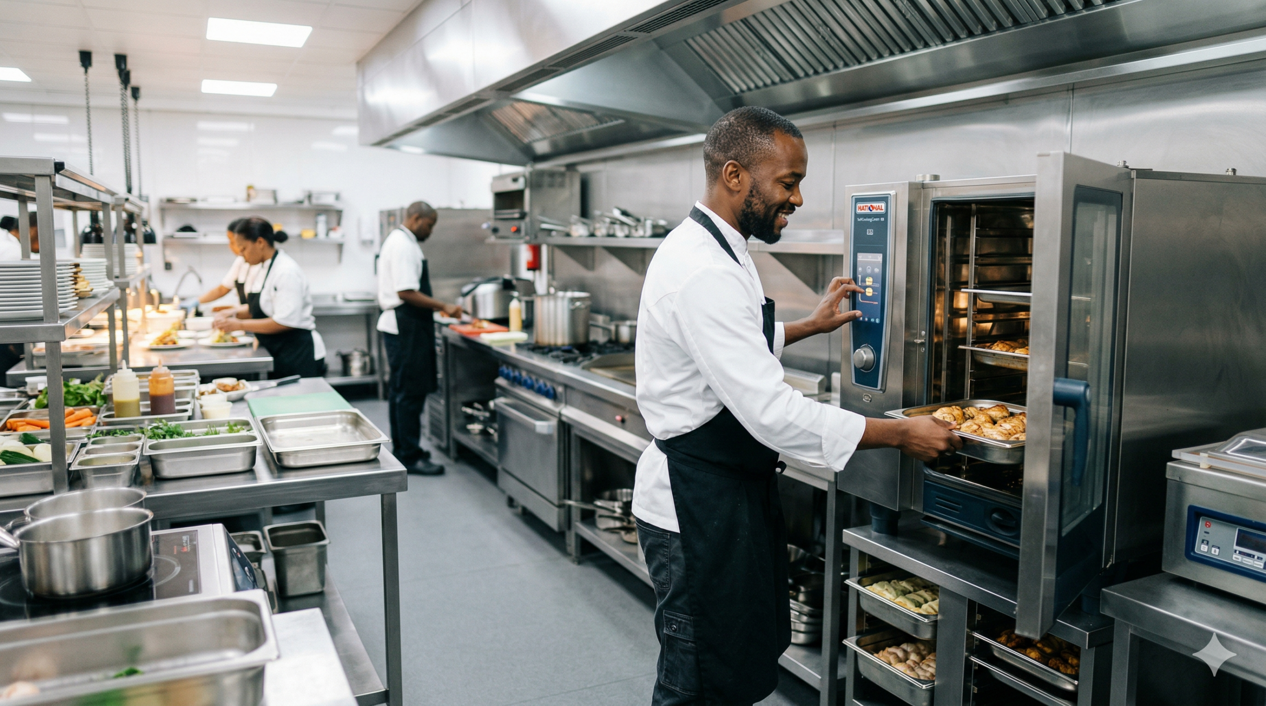 Chef loading trays into a commercial combi oven in a professional kitchen setup