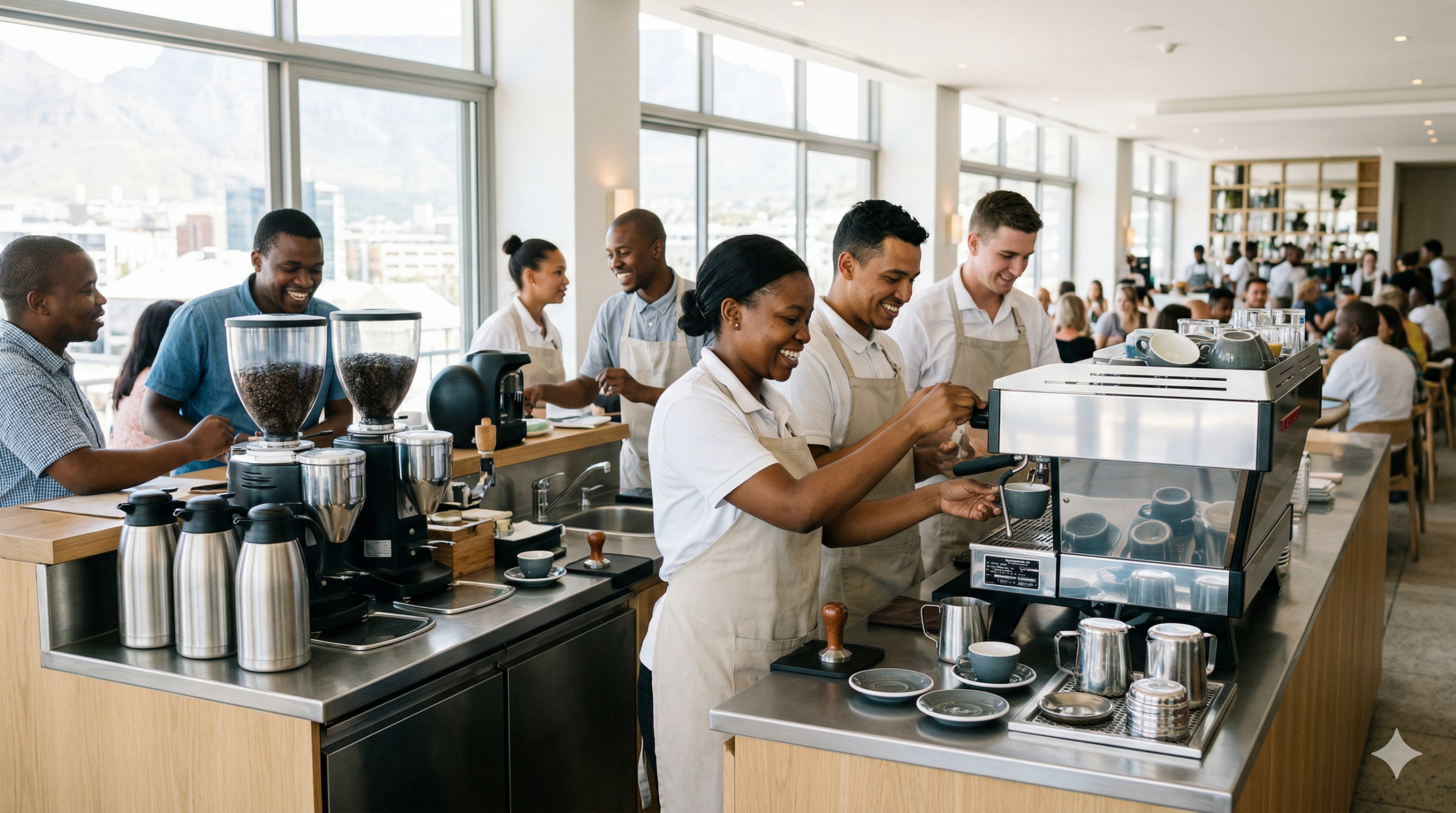 Baristas operating espresso machines in a busy café with customers in the background