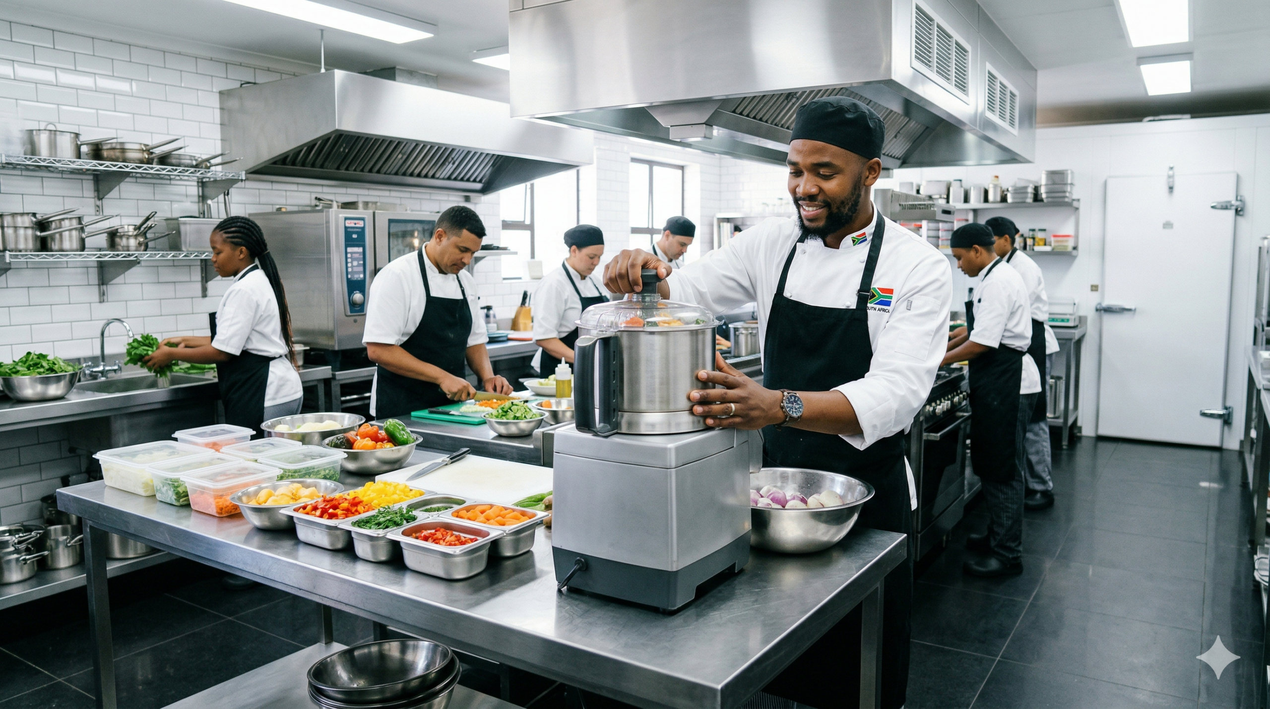 Chef preparing vegetables with a commercial food processor in a modern industrial kitchen