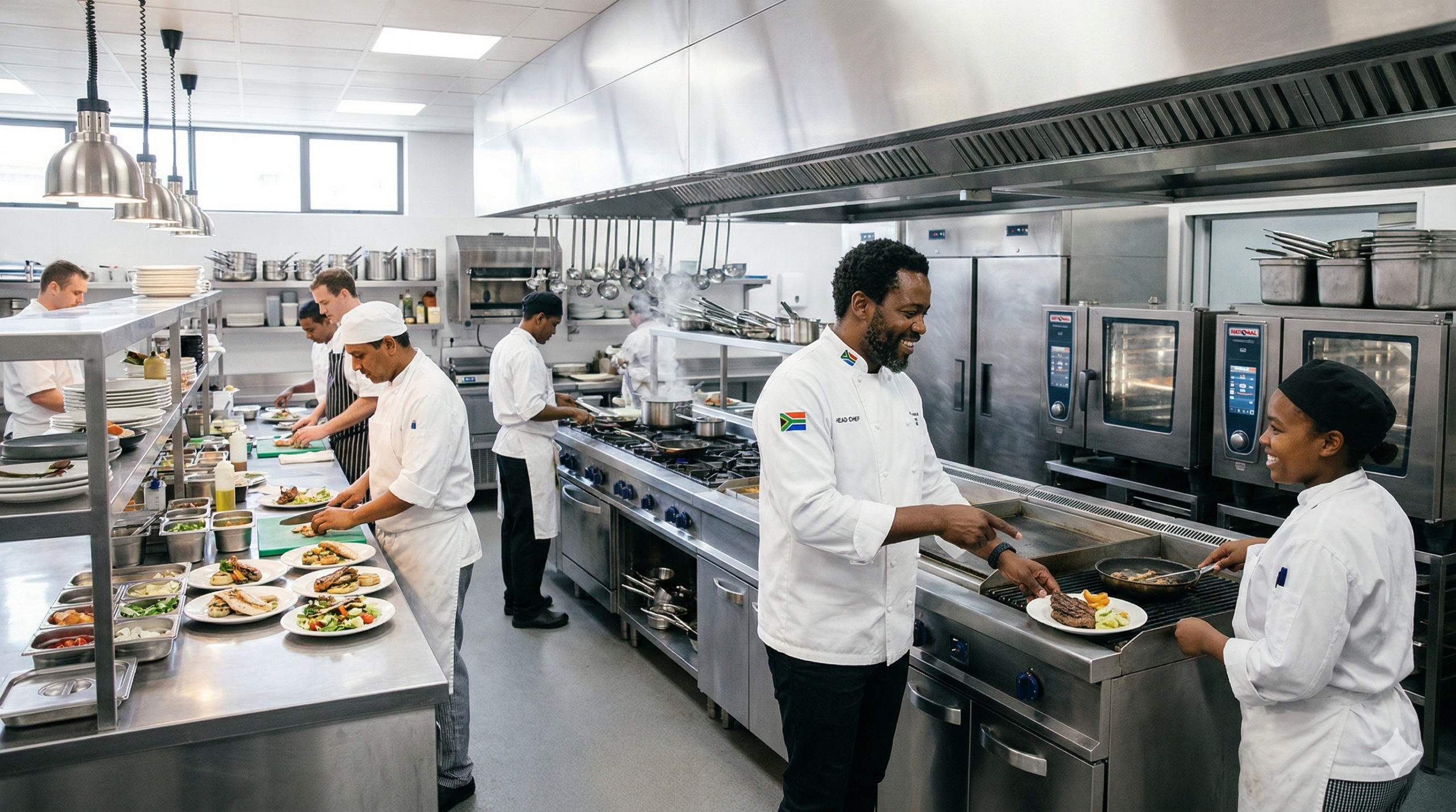 Professional chefs working on a high-volume commercial kitchen line with stainless steel equipment