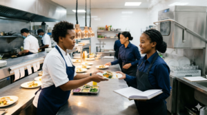 Commercial kitchen staff plating dishes at the pass during busy restaurant service: The operational pivot