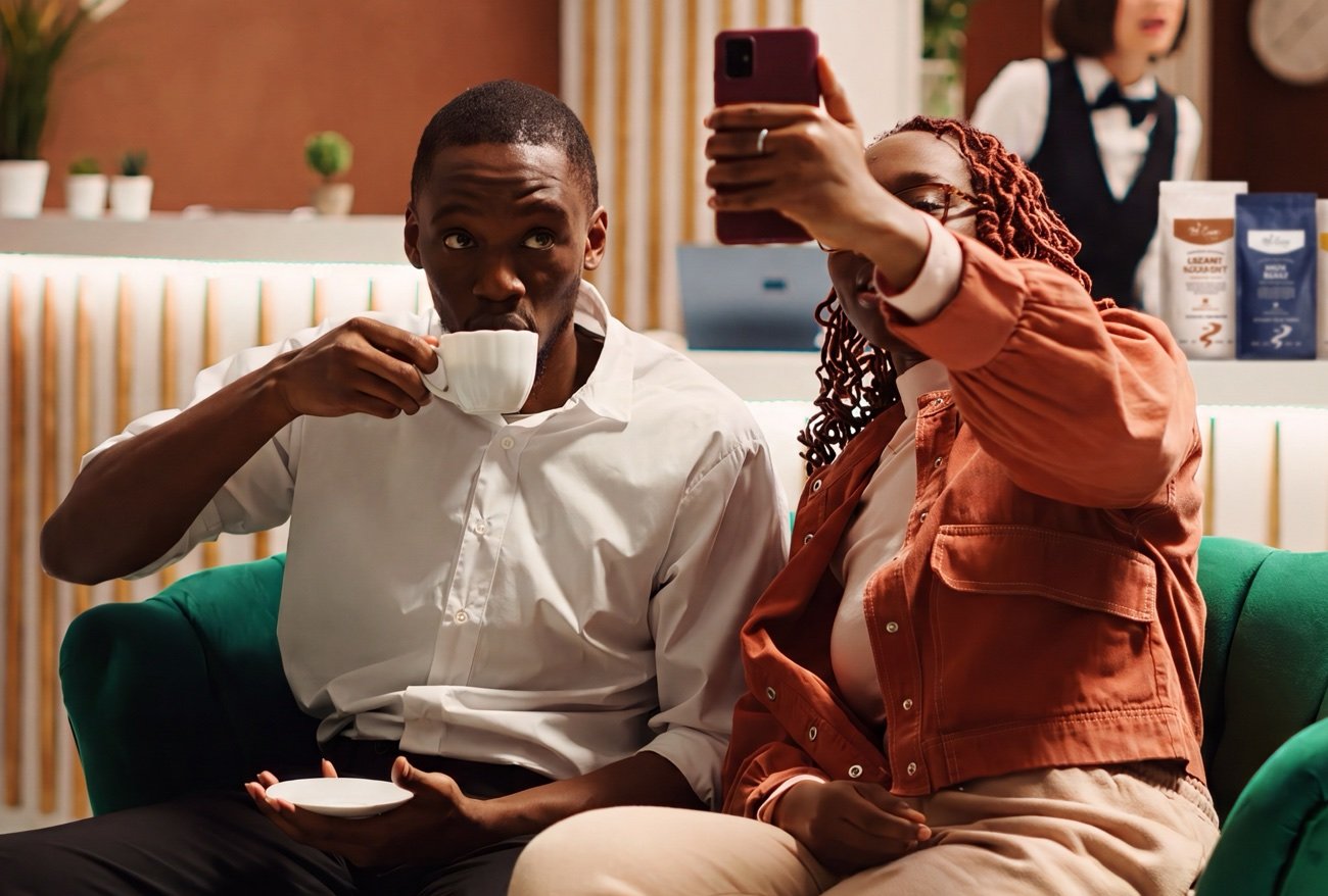 Hotel guests relaxing with coffee beside MiCasa coffee bags in a lounge