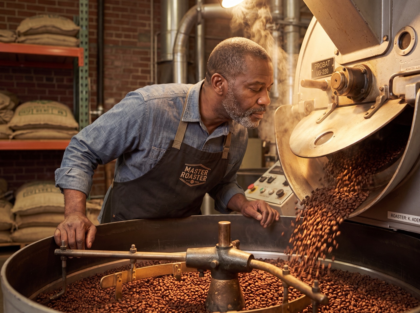 MiCasa's master roaster watching the beans tumble and reach first crack