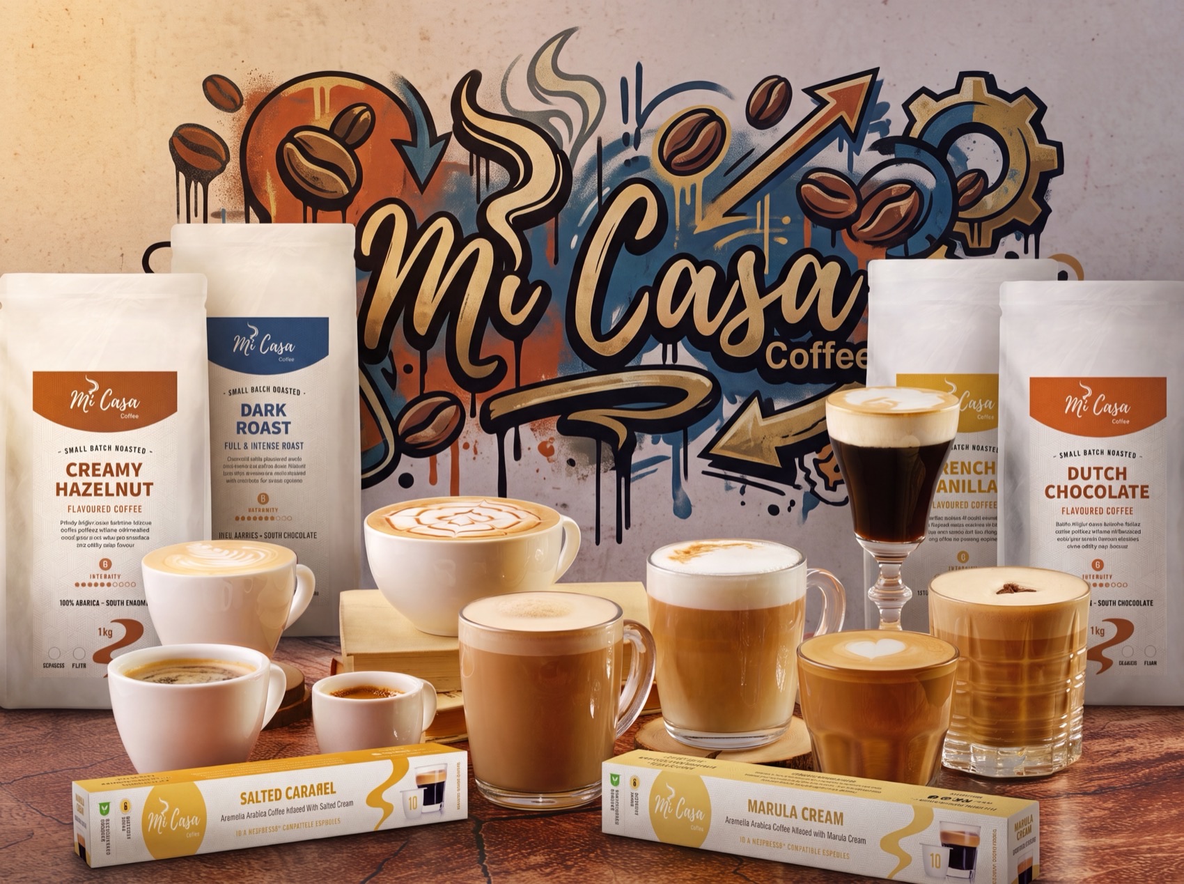 The MiCasa flavoured range — Creamy Hazelnut, Dark Roast, French Vanilla and Dutch Chocolate beans with Salted Caramel and Marula Cream capsules