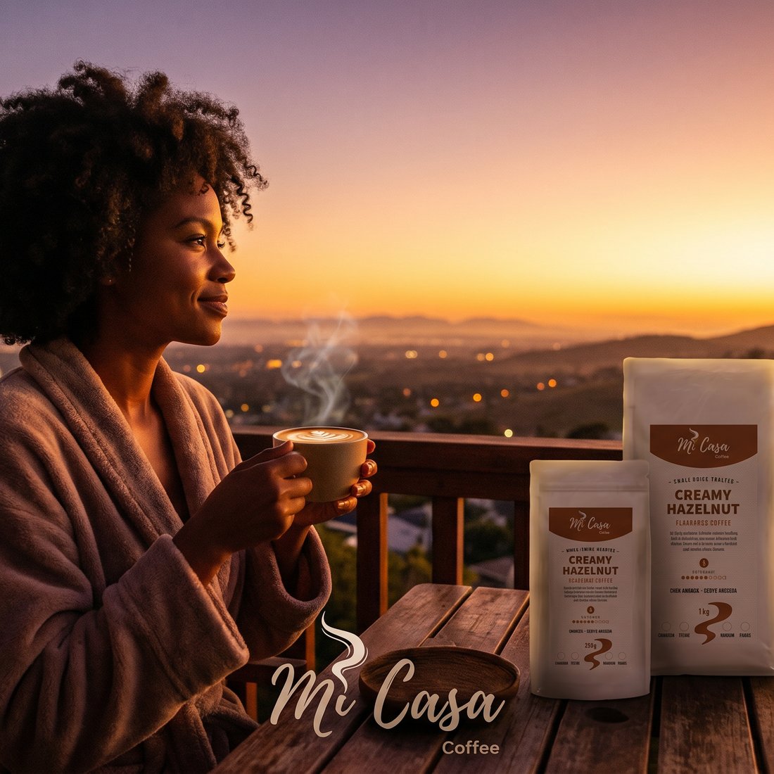 A guest enjoying MiCasa coffee at sunset with Creamy Hazelnut bags on the table