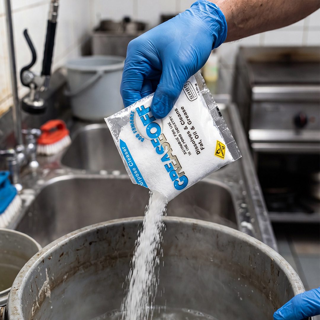 A gloved hand pouring GreaseOff granules from a sachet into a pot of water at a commercial kitchen wash-up sink