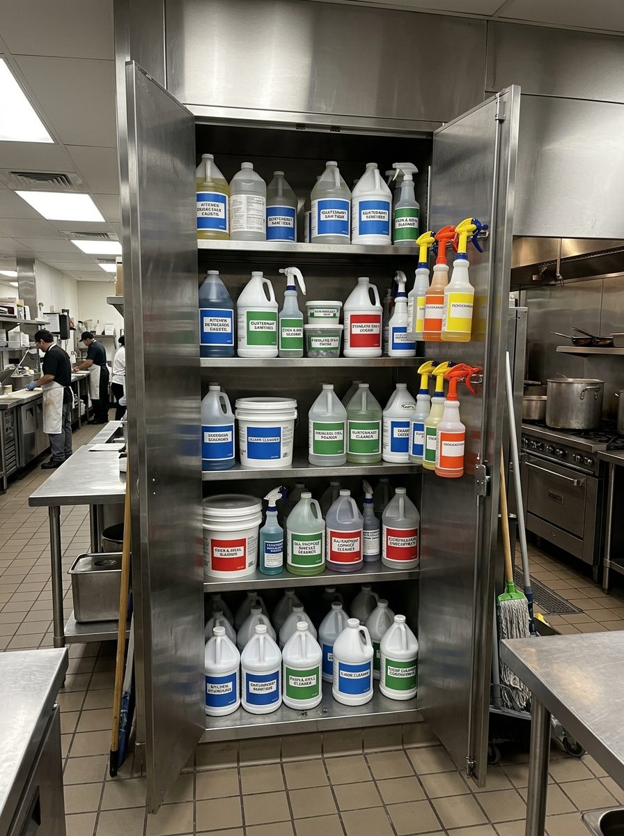 A commercial kitchen chemical store cupboard filled with dozens of single-purpose bottles, tubs and spray triggers