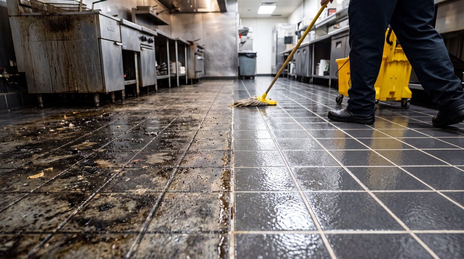 A commercial kitchen floor part fouled with grease and part mopped clean, with a mop and bucket mid-clean-down