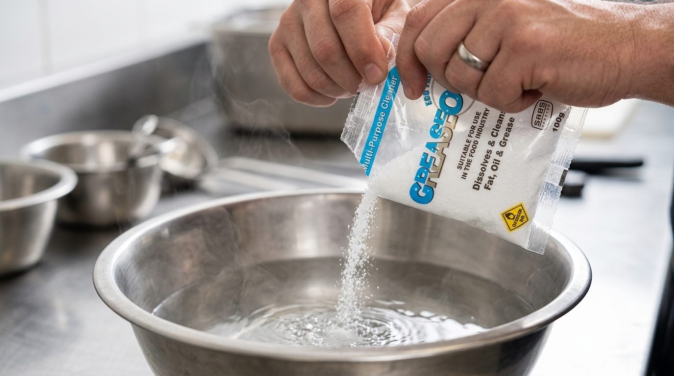 A 100g GreaseOff sachet being poured into a steel bowl of steaming water in a stainless commercial kitchen