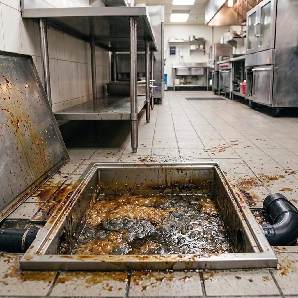 A commercial kitchen grease trap fouled with congealed grease before treatment