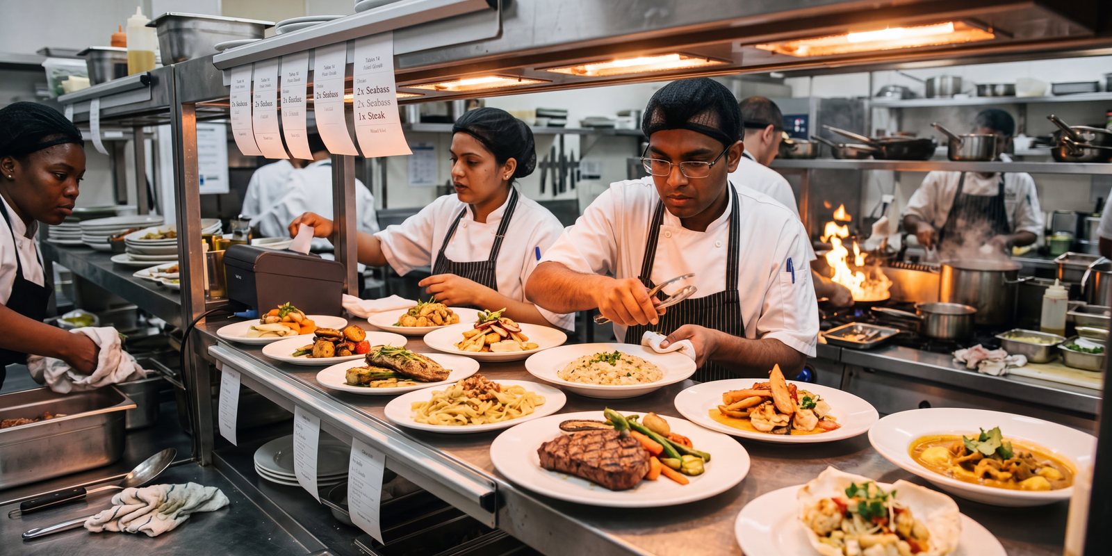 Chefs plating dishes at the pass of a busy commercial kitchen during service.