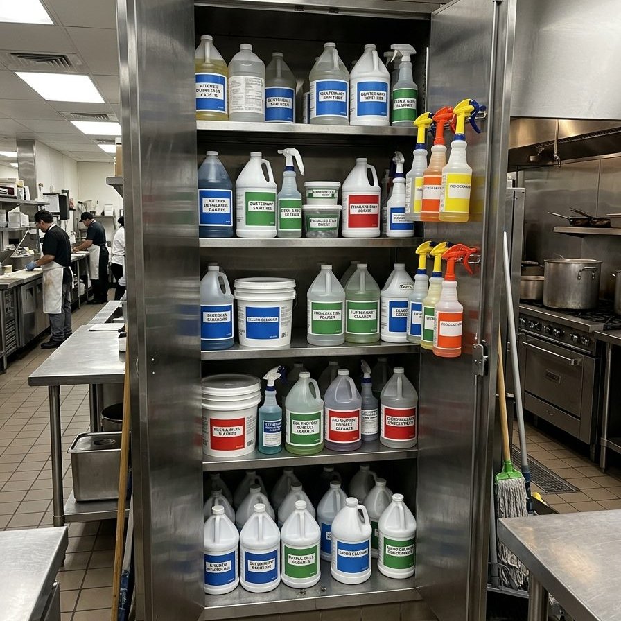 A commercial kitchen chemical store cupboard filled with single-purpose bottles, tubs and spray triggers