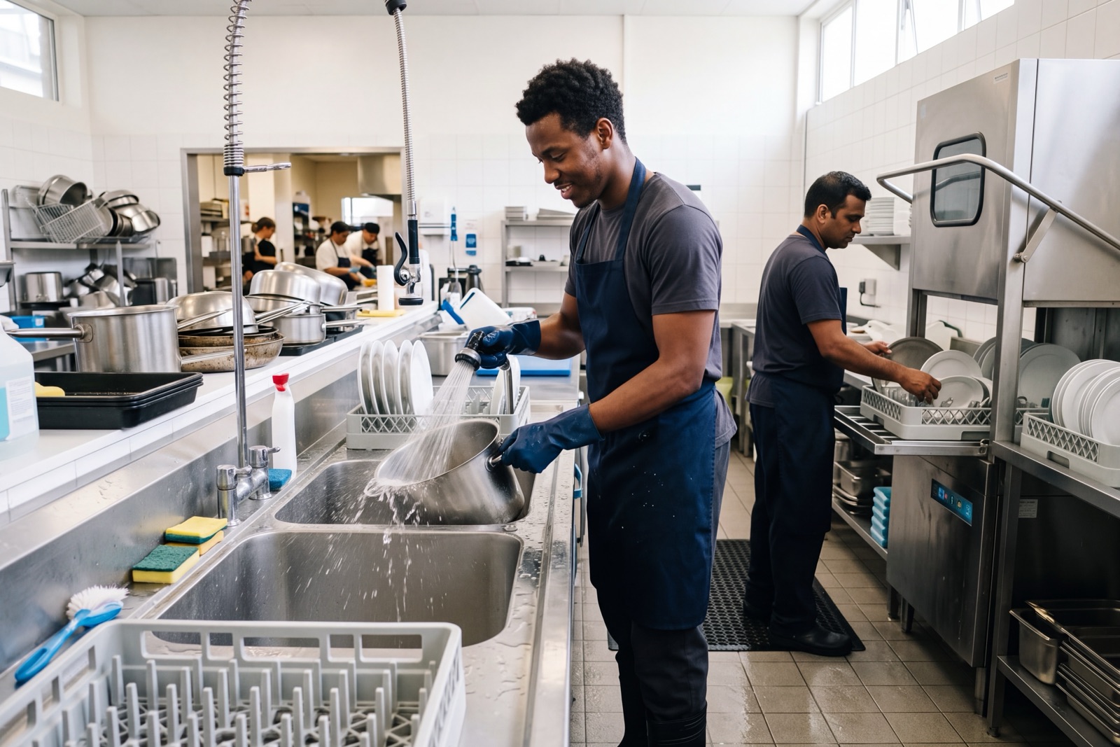 Two kitchen porters at work in a bright wash-up area with high windows, a pot-wash sink and a pass-through dishwasher.
