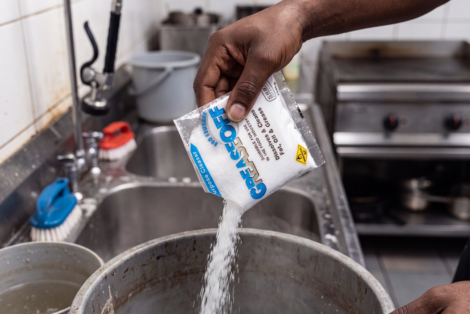 A 100g GreaseOff sachet being poured into a steel pot of water at a commercial kitchen sink.