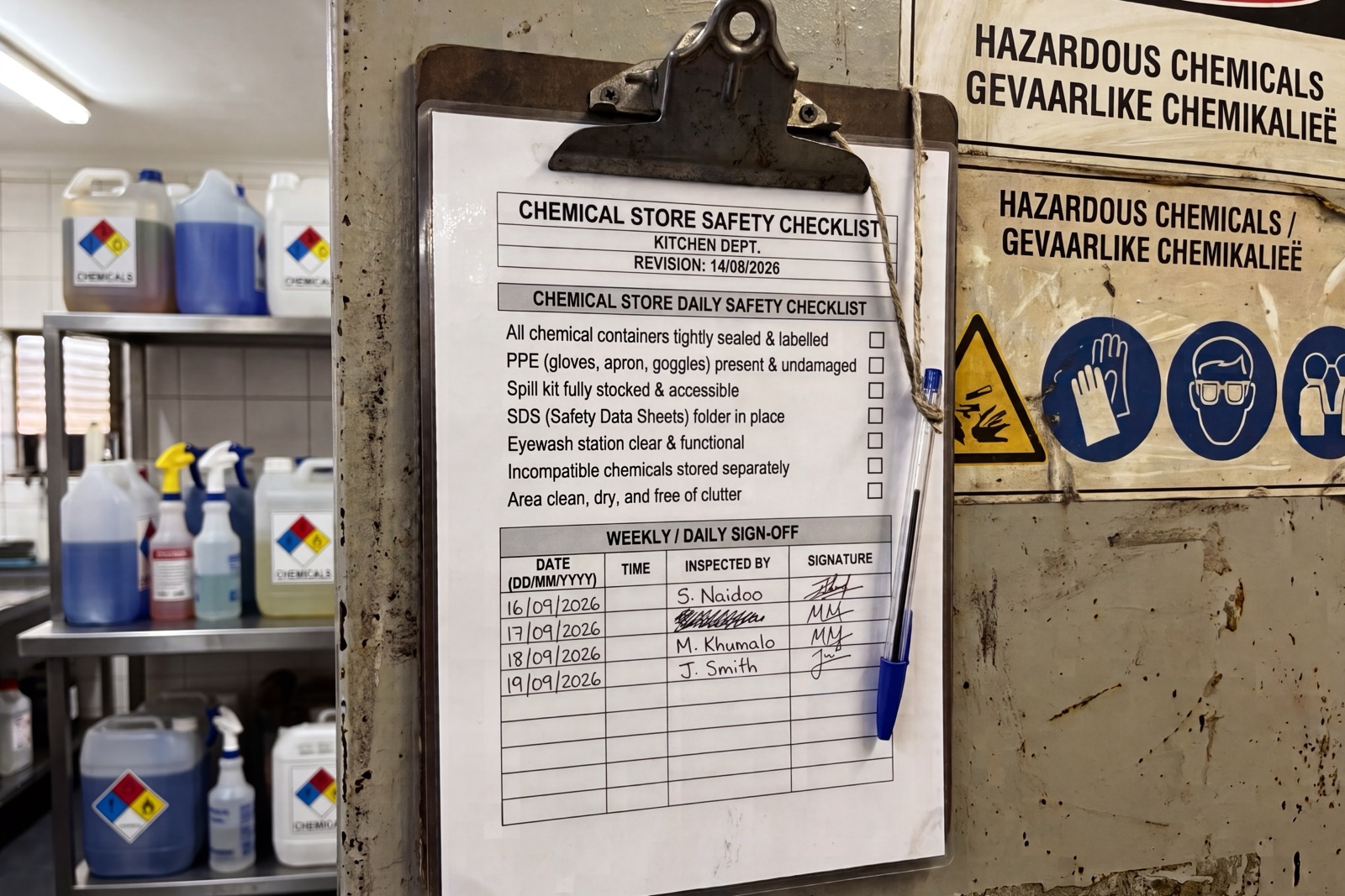 A chemical store safety checklist and daily sign-off sheet on a clipboard, beside a hazardous chemicals sign calling for gloves and eye protection.