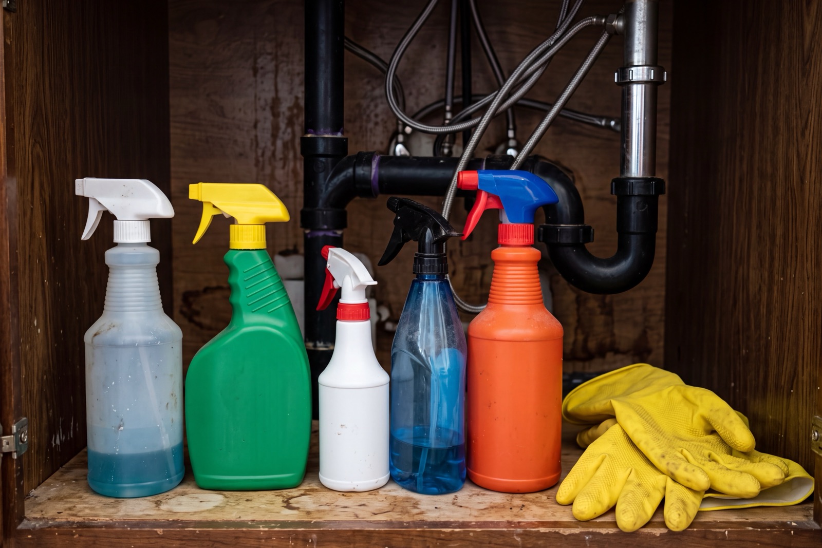 Mismatched, unlabelled spray bottles and a pair of yellow rubber gloves in the cupboard under a sink, beneath the waste pipe.