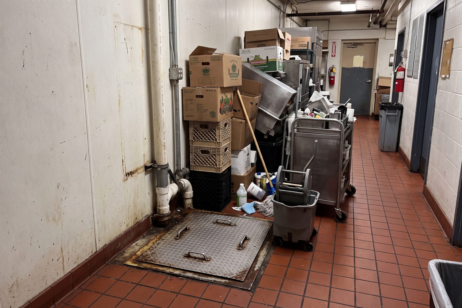 A steel grease trap access cover in a back-of-house corridor floor, with boxes, crates, a mop bucket and a trolley stacked against it.