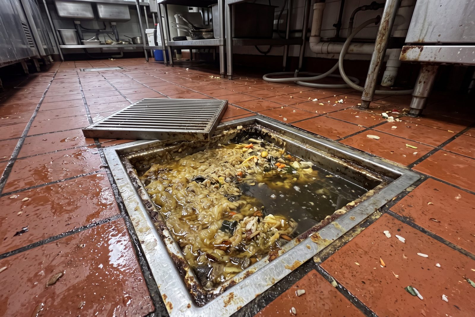 A floor gully in a commercial kitchen with its grate lifted, filled with congealed grease, standing water and food waste.