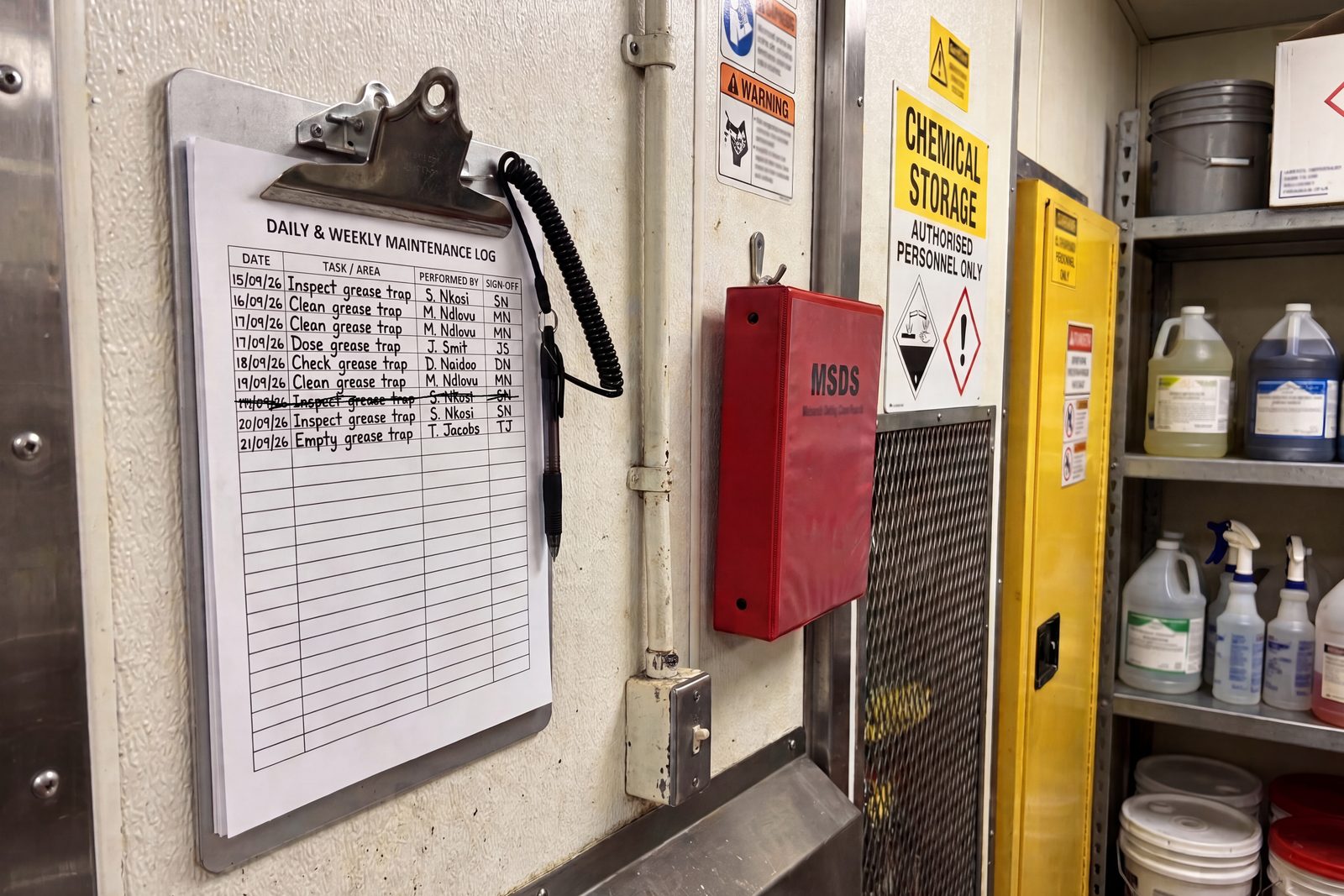 A daily and weekly maintenance log on a clipboard, its rows filled in by hand with dated grease trap inspections, cleans and dosing, each with a name and initials.