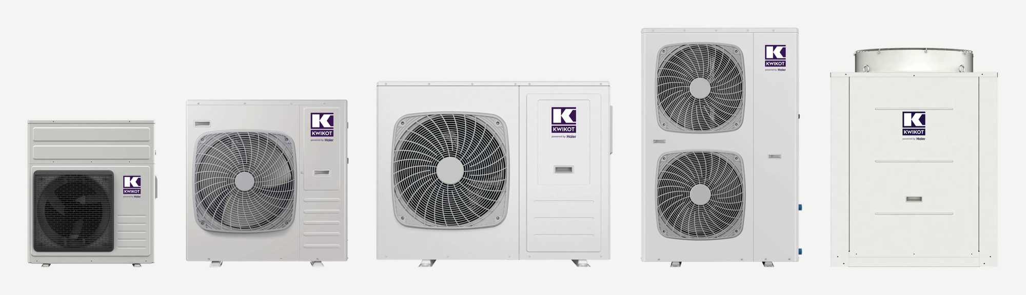 The five Kwikot Kwikpump commercial heat pumps, HP-008 to HP-085, side by side