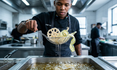 Lotus Root & Zucchini Tempura frying in hot oil at 185 degrees Celsius
