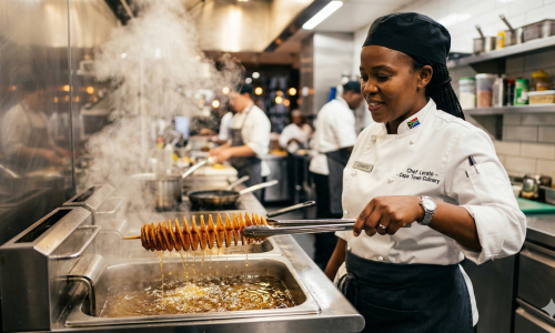 The Tornado Potato frying at high heat in commercial fryer